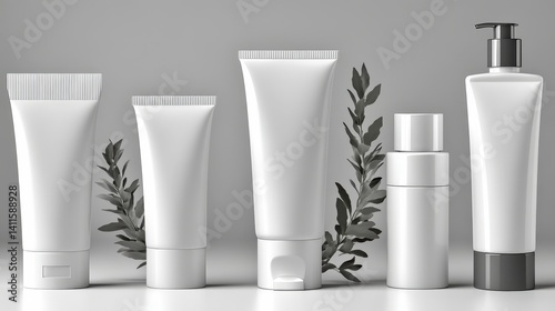 Wallpaper Mural Five white cosmetic tubes and bottles, minimalist design, botanical accents.

 Torontodigital.ca