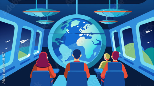From the floortoceiling windows of the air taxi passengers can marvel at the stunning views of Earth as they make their way to the spaceport in orbit.. Vector illustration