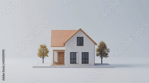 Obraz na płótnie Minimalist house model with orange roof and trees on gray background w salonie