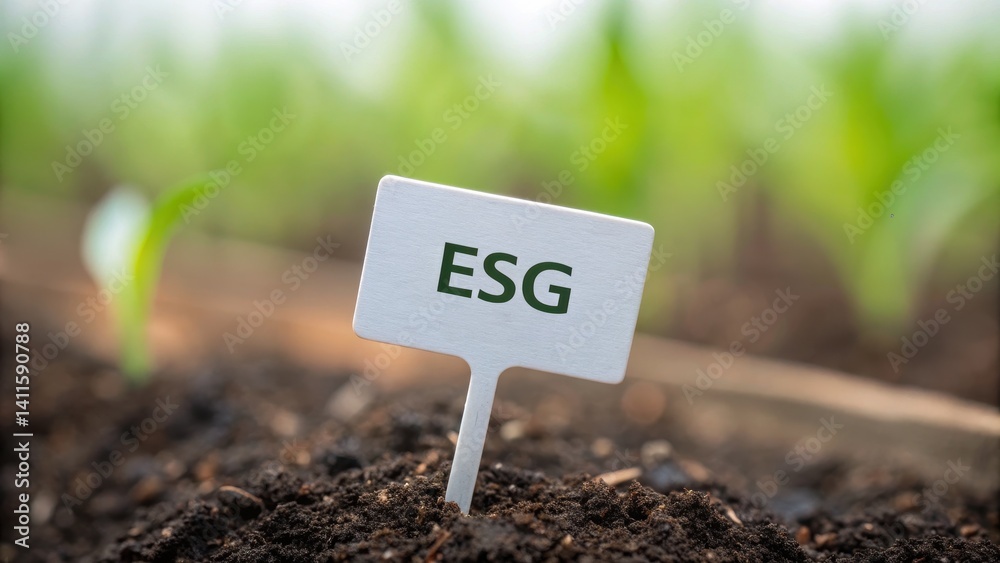 Sign marking ESG in soil with green seedlings in the background.