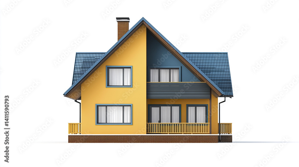 Yellow house with blue roof and balcony, isolated on white background Yellow house with blue roof and balcony, isolated on white background
