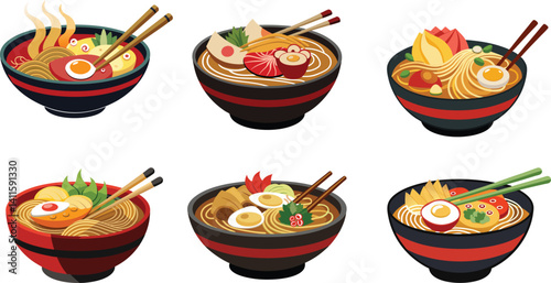 Variety of Delicious Ramen Bowls with Various Toppings