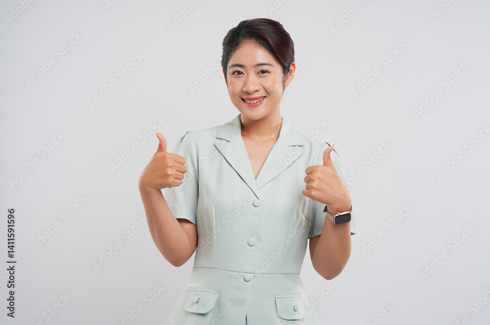 Smiling woman in green outfit giving thumbs up gesture against neutral background Positivity Smiling woman in green outfit giving thumbs up gesture against neutral background Positivity