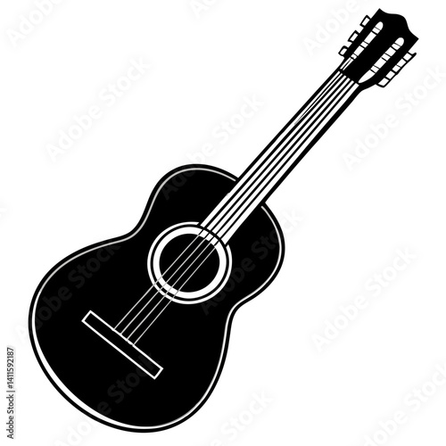 Vector silhouette of a classical guitar with a smaller body and a rounded headstock