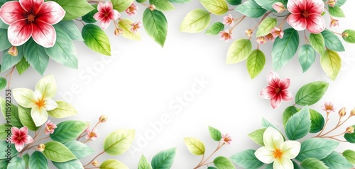Watercolor green leaves and flowers, soft background ideal for invitations, plant, delicate