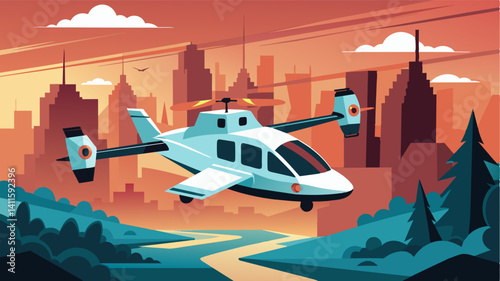 In a futuristic society eVTOL air taxis are equipped with advanced technology that allows them to navigate through treacherous conditions making them the goto choice for disaster. Vector illustration