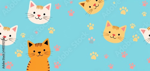 Whimsical blue background with playful cat faces & paw prints, pattern, sweet