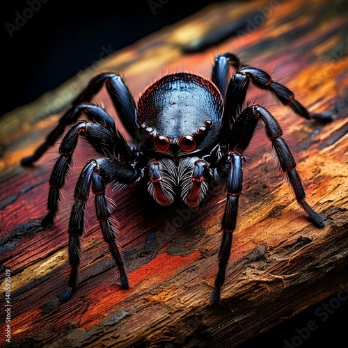 close-up, macro photography, very hairy black spider, glowing neon red eyes, sitting on a pi