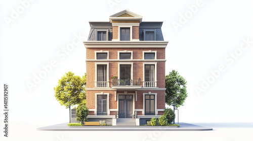 Elegant brick house with classic architecture and trees