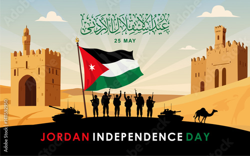 Jordan national day banner design template. Jordan independence day celebrations banner with Jordan flag, camel, soldier silhouette and historical buildings. Best for banner, poster, social media post