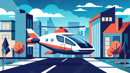 The sleek and modern design of the air taxis in this residential area adds to the overall aesthetic of the neighborhood seamlessly blending into the urban landscape.. Vector illustration