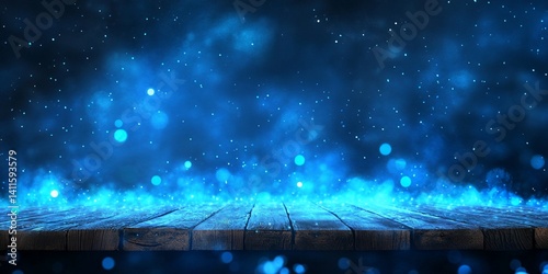Dark wood surface, vibrant blue light