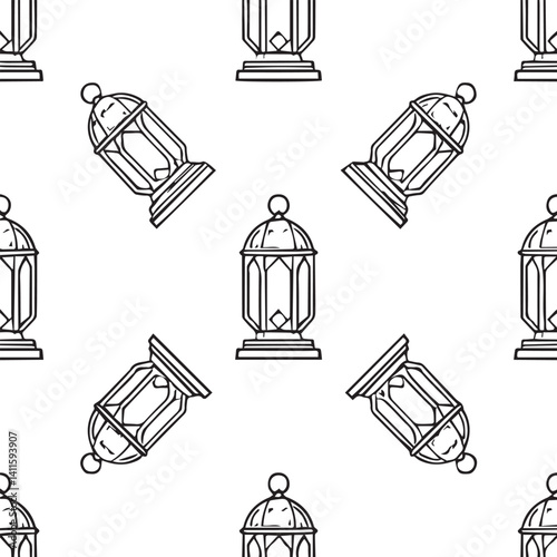 Seamless pattern of Eid Mubarak lanterns Hand drawn vector illustration white background