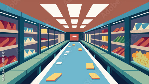 Large sections of the refrigerated aisle sit completely barren with only a few scraps of food left behind.. Vector illustration