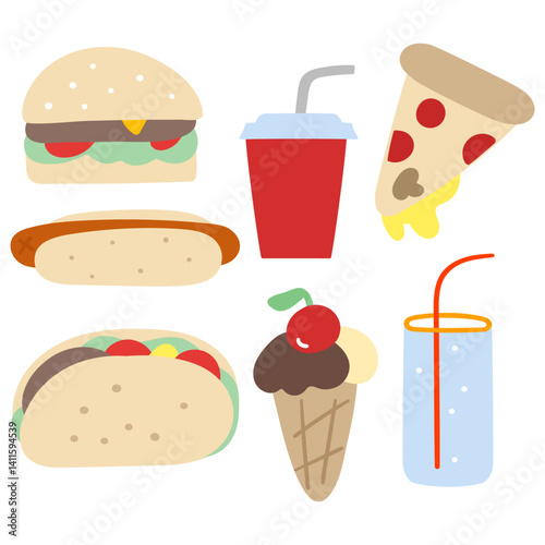 Set of fast food elements. Burger, hot dog, pizza, soda, taco, ice cream. Hand drawn illustration. Best for sticker, menu or t-shirt design.