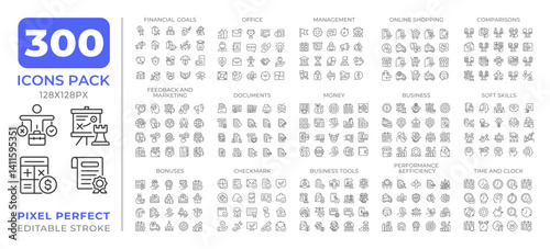 Business line icons set collection. Financial management strategy. Office workflow planning mega pack of linear pictograms, pixel perfect. Isolated vector illustrations. Editable stroke