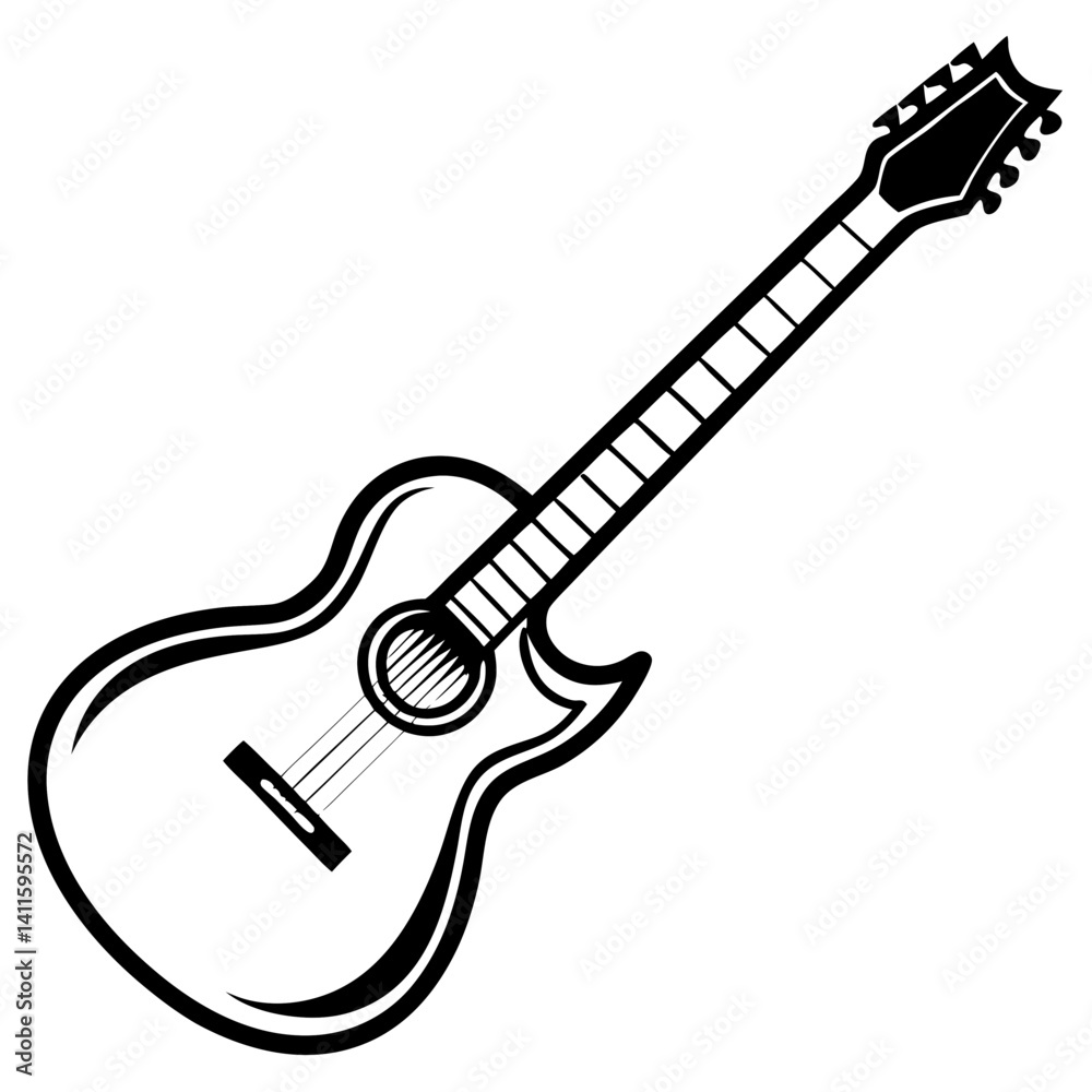 Fototapeta premium Vector silhouette of a guitar in a dynamic playing pose with a focus on the strings and neck
