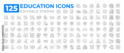 Education line icons set collection. Transmission of knowledge and skills. Studying and development process mega pack of linear pictograms. Isolated vector illustrations. Editable stroke