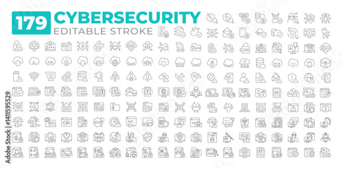Cybersecurity line icons set collection. Protecting systems, networks and programs. Digital attacks preventing software mega pack of linear pictograms. Isolated vector illustrations. Editable stroke