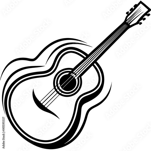 Vector silhouette of a guitar in a dynamic playing pose with a focus on the strings and neck