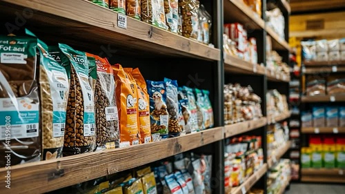 Wooden shelves filled with pet food bags in a store