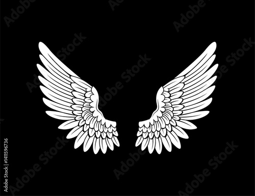 symmetrical and wide open wings. black and white editable wings vector, wings angle, hawk eagle wings, bird wing, feather. silhouette art of angel wings set for t-shirt elements, coloring page vector