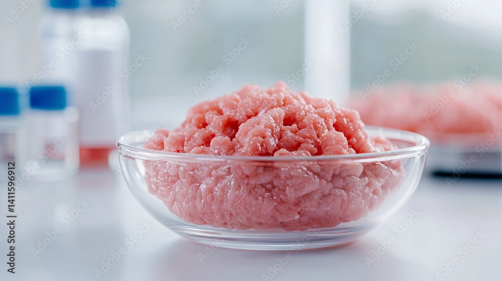 Laboratory Grown Cultured Meat in Glass Bowl Scientific Food Production Laboratory Grown Cultured Meat in Glass Bowl Scientific Food Production