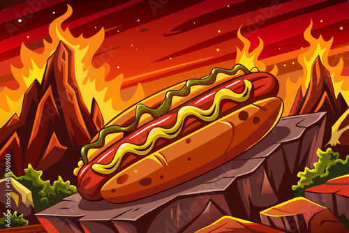 Delicious hotdog vector cartoon with sauces on rock stage studio area