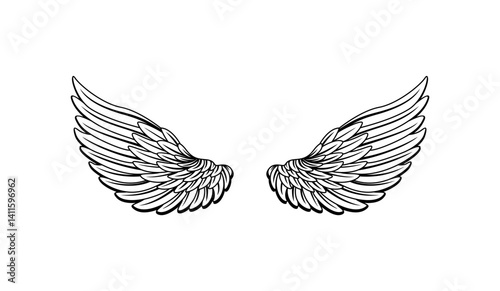 symmetrical and wide open wings. black and white editable wings vector, wings angle, hawk eagle wings, bird wing, feather. silhouette art of angel wings set for t-shirt elements, coloring page vector