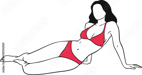 Stylized woman in a red bikini lying down is shown in a minimalist illustration style Perfect for summer and fashion designs.