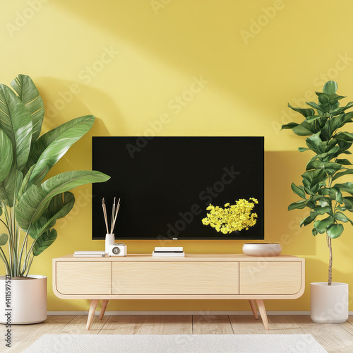Modern Living Room Setup with TV on Yellow Wall and Green Plants