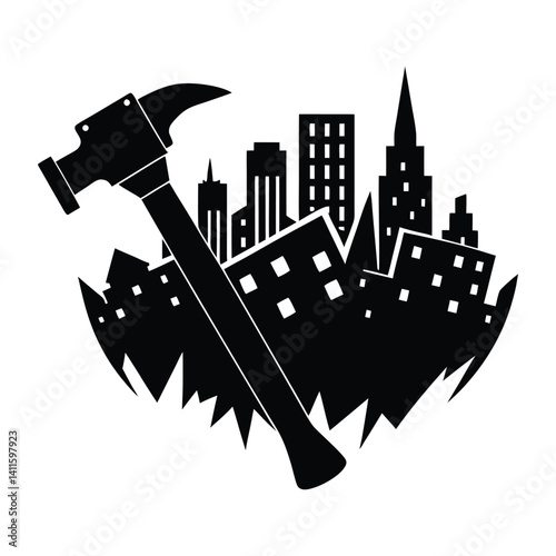 a hammer turning into a city skyline on white background.