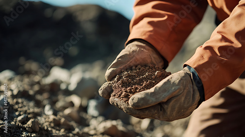 Geologist collecting soil samples for further analysis to locate lithium deposits. Featuring soil collection