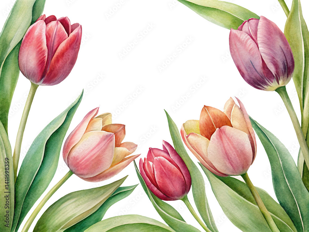 Fototapeta premium Watercolor painting of tulips, delicate blooms on a Trensprent Background png perfect for spring