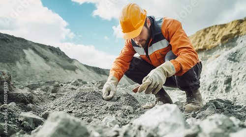 Geologist collecting soil samples for further analysis to locate lithium deposits. Featuring soil collection