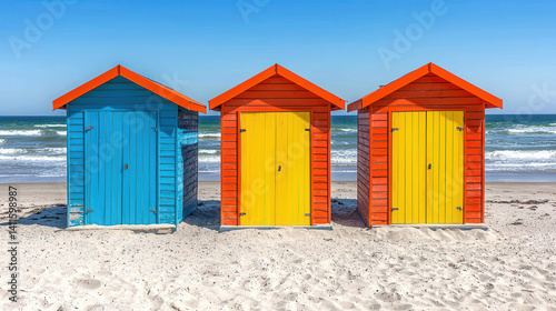 Colorful beachfront cabins on sunny sandy shore