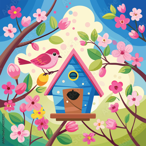 a stunning photograph of a painted wood birdhouse and flowers.