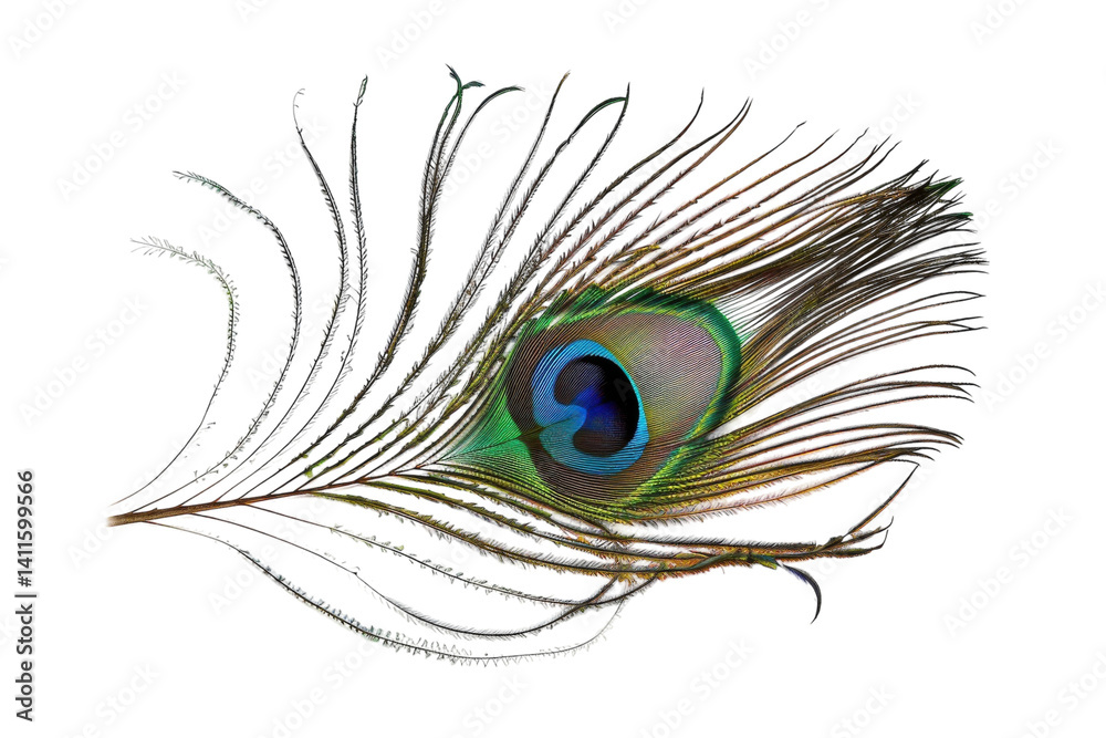 Obraz premium A delicate peacock feather showcasing vibrant hues against a clean, white backdrop, capturing nature's intricate beauty and design in fine detail isolated on transparent background