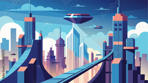 In this futuristic city the skybridges serve as lifelines connecting the citys towering buildings and providing a path for air taxis to navigate.. Vector illustration