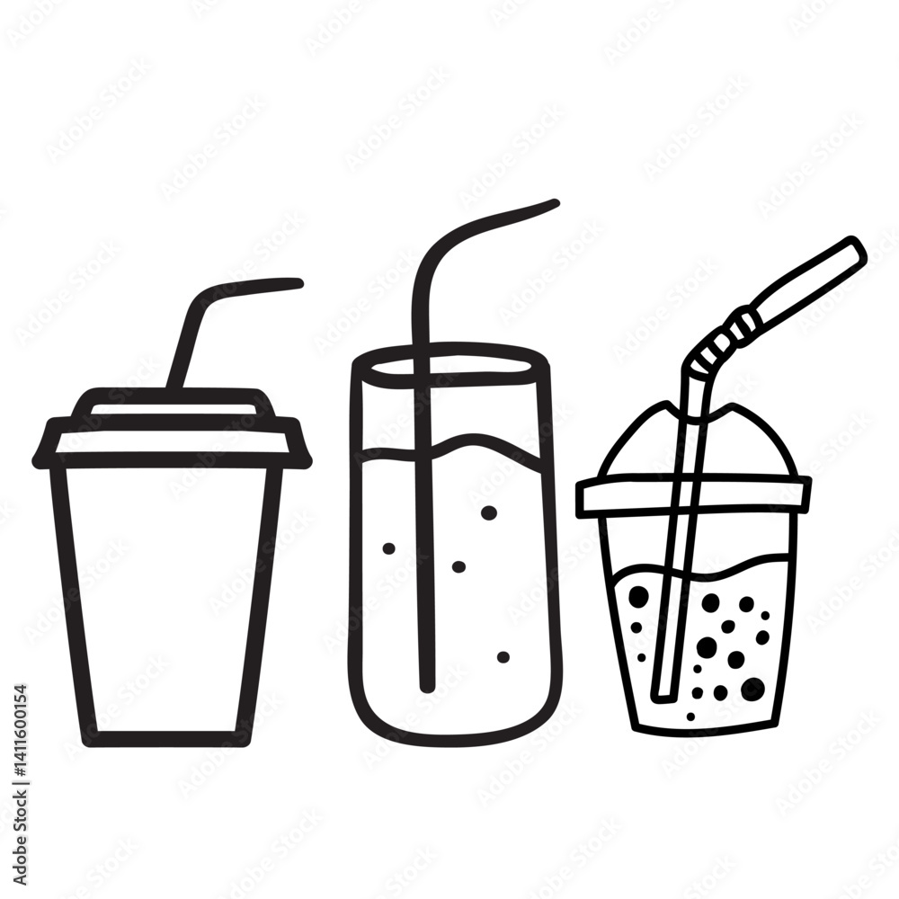 Soda in different cups. Outline icons. Black color. Hand drawn illustrations on white background. Soda in different cups. Outline icons. Black color. Hand drawn illustrations on white background.