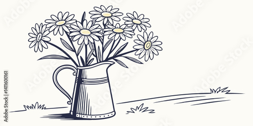 Single vintage milk jug with a bouquet of daisies in flat vector style
