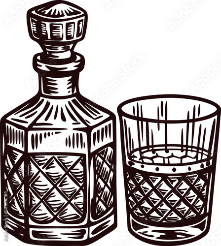 Intricately designed whiskey decanter and glass set in vintage.