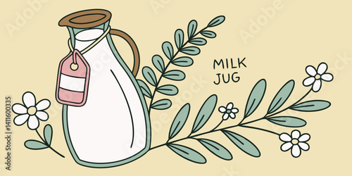 Vector illustration of milk jug with hanging tag and botanical sprigs

