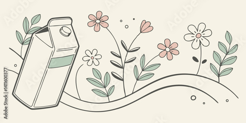 Abstract vector with milk jug shape and floating florals
