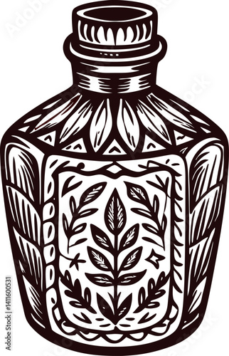 Vintage floral patterned glass bottle with ornate design and botanical elements.