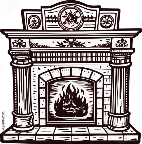 Vintage ornate fireplace with intricate carvings and decorative columns.