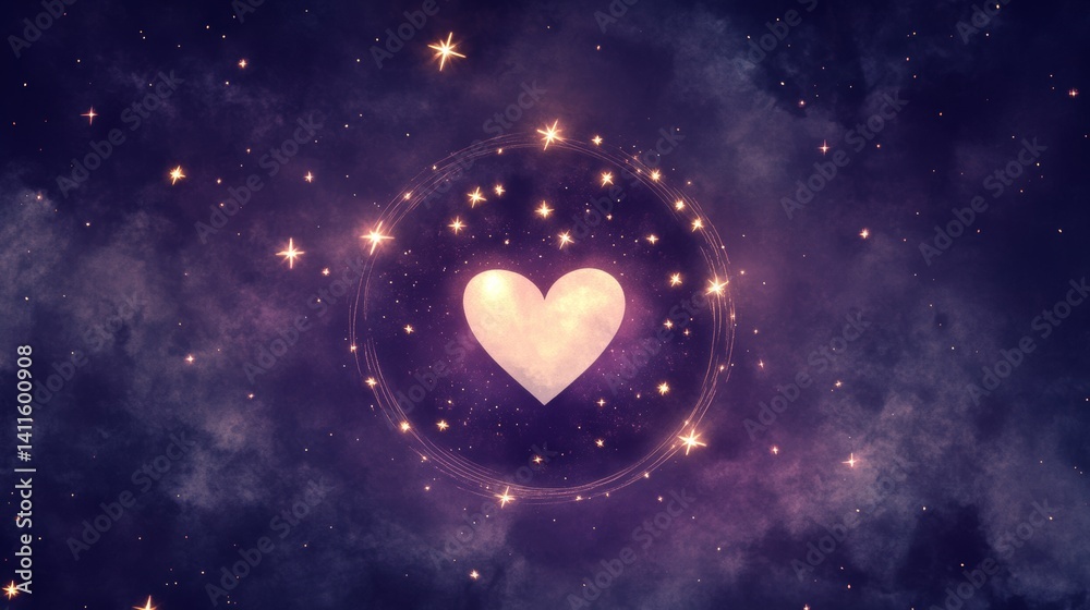 Elegant circular badge with a glowing heart in a cosmic sky surrounded by golden stars