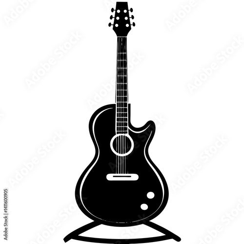 Vector silhouette of a guitar positioned upright on a stand 