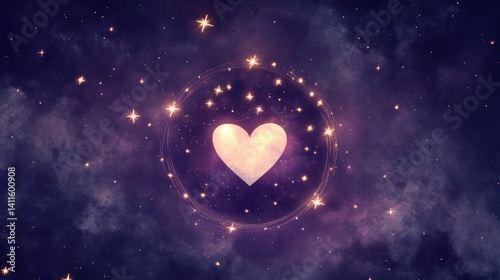 Obraz na płótnie Elegant circular badge with a glowing heart in a cosmic sky surrounded by golden stars w salonie