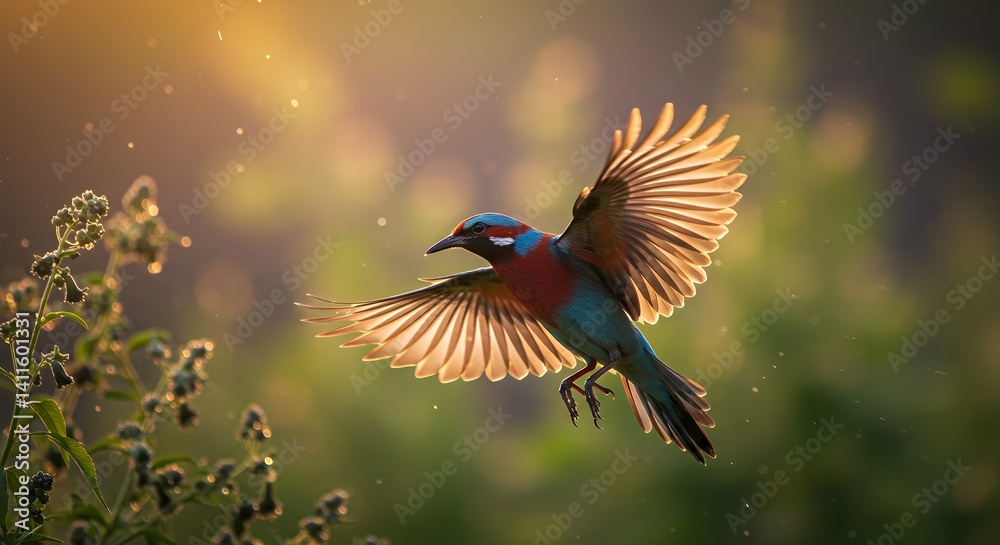 Fototapeta premium Golden-hour Bird in Flight: A Vibrant Jewel-toned Avian Soaring